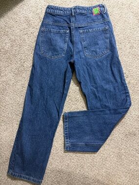 Empyre Women's Straight Leg Denim Jeans in Dark Blue with Neon Patch